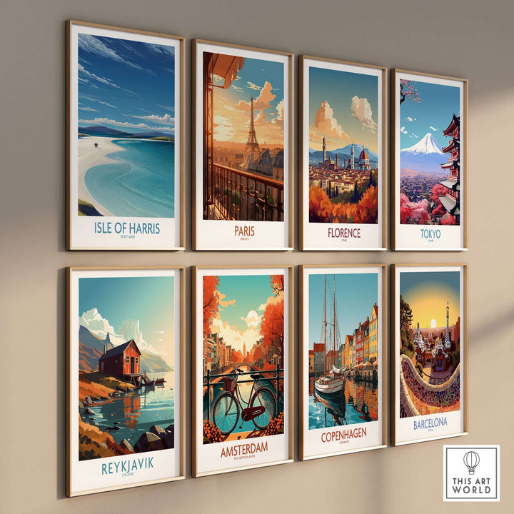 Gallery of travel posters featuring Isle of Harris, Paris, Florence, Tokyo, Reykjavik, Amsterdam, Copenhagen, and Barcelona.