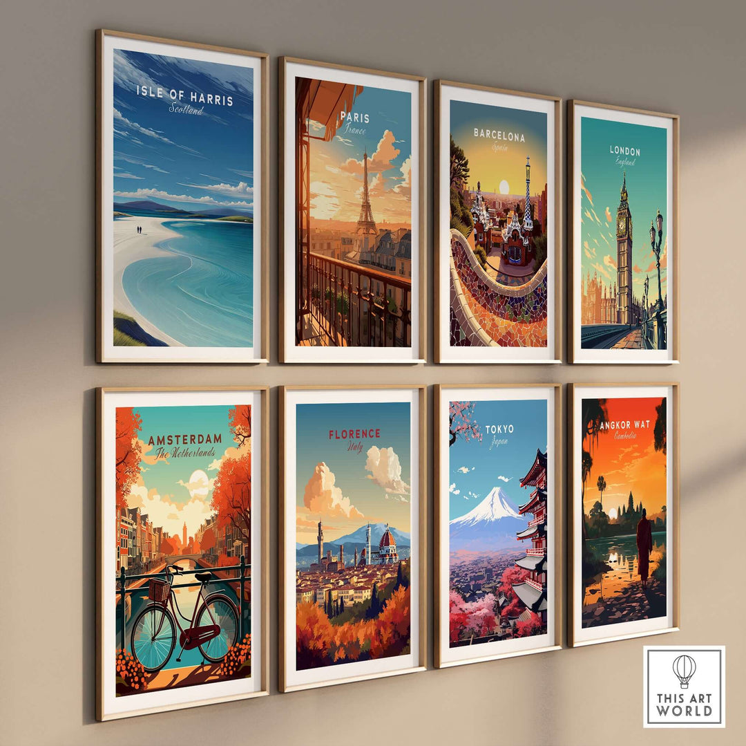Gallery wall art featuring famous cities: Isle of Harris, Paris, Barcelona, London, Amsterdam, Florence, Tokyo, and Angkor Wat.