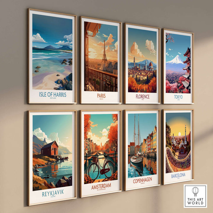 Collection of travel posters featuring Isle of Harris, Paris, Florence, Tokyo, Reykjavik, Amsterdam, Copenhagen, and Barcelona.