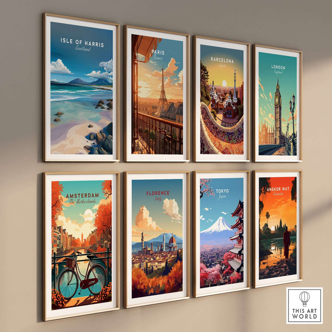 Gallery wall featuring travel art prints of Isle of Harris, Paris, Barcelona, London, Amsterdam, Florence, Tokyo, and Angkor Wat.