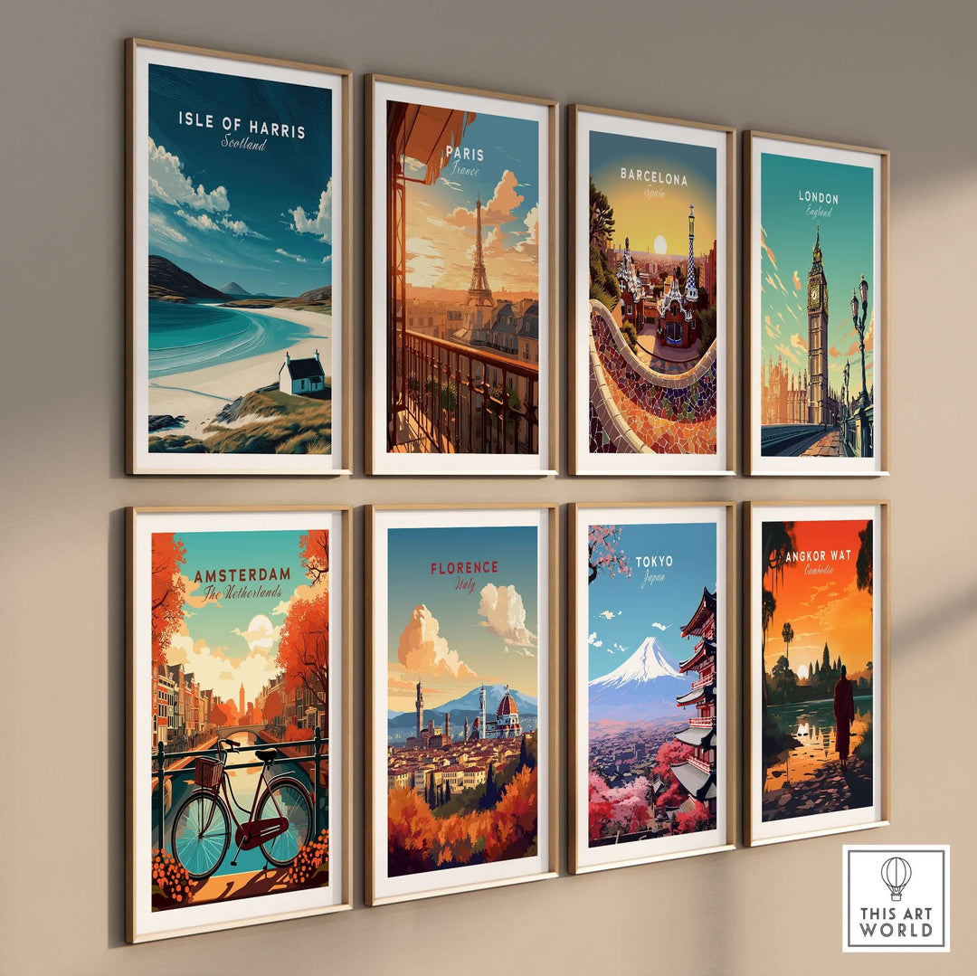 Gallery of travel posters featuring iconic cities including Isle of Harris, Paris, Barcelona, and Tokyo.