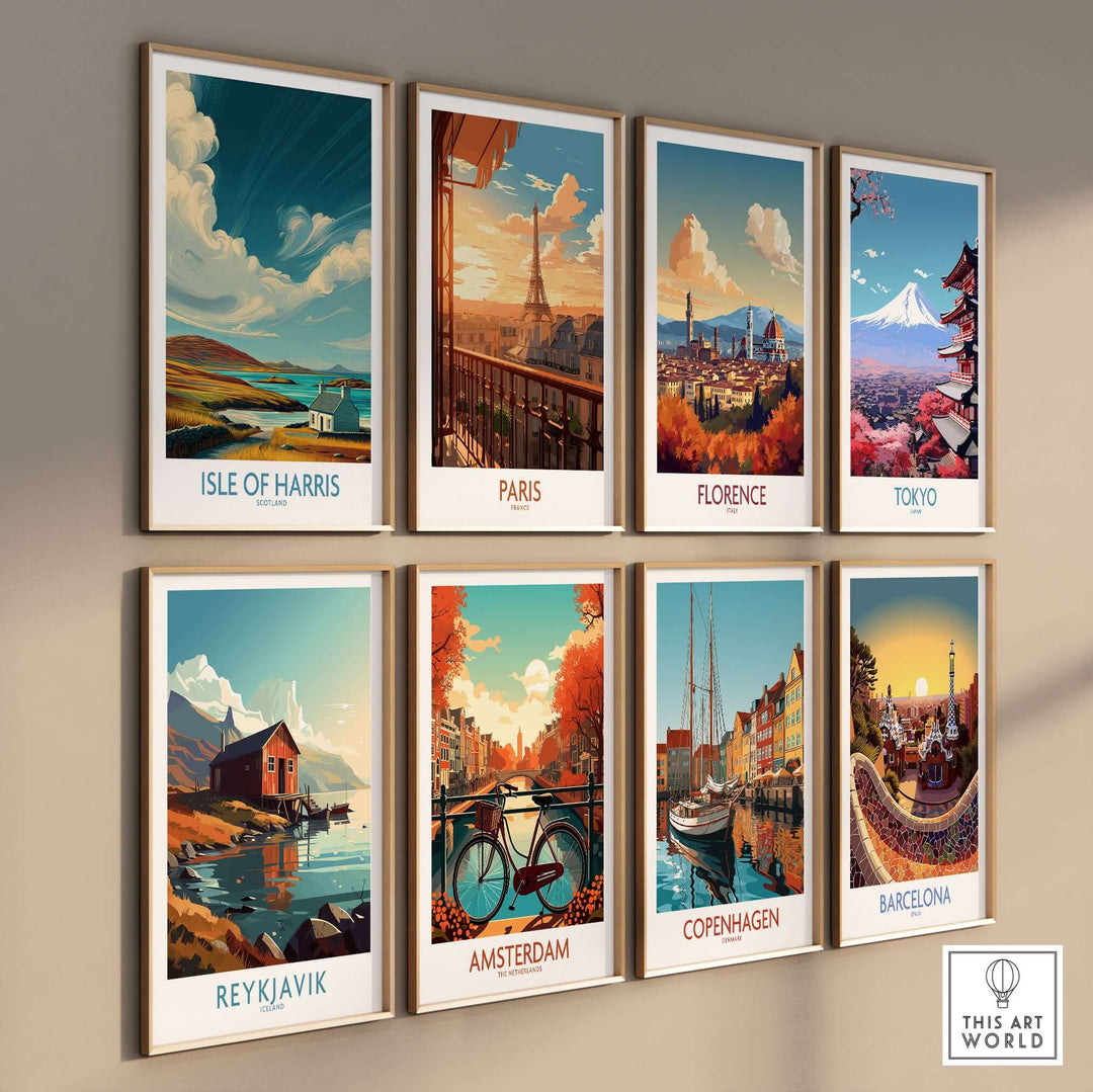 Gallery of travel posters featuring Isle of Harris, Paris, Florence, Tokyo, Reykjavik, Amsterdam, Copenhagen, and Barcelona.