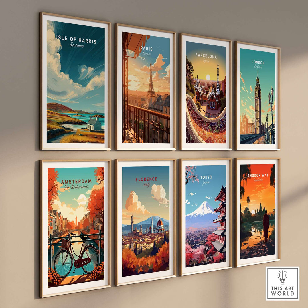 Gallery wall art featuring travel prints from Isle of Harris, Paris, Barcelona, London, Amsterdam, Florence, Tokyo, and Angkor Wat.