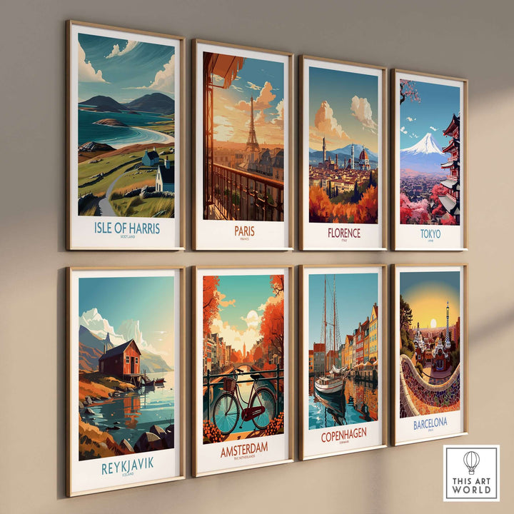 Collection of travel posters including Isle of Harris, Paris, Florence, Tokyo, and more displayed in a modern setting.