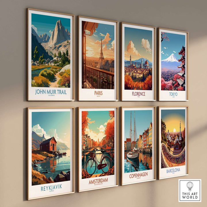 Gallery of travel posters including John Muir Trail and iconic cities like Paris, Florence, and Barcelona.