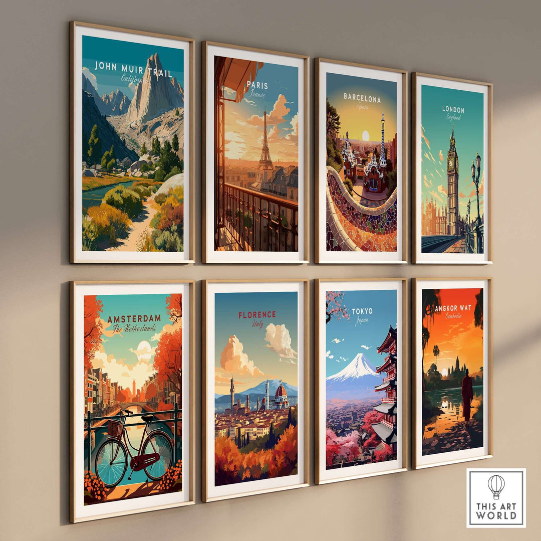 Gallery wall of travel art prints including John Muir Trail and iconic landmarks like Paris, London, and Tokyo.