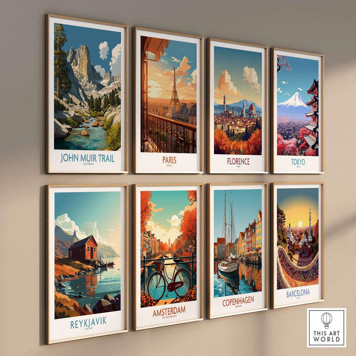 Collage of travel-themed posters featuring John Muir Trail, Paris, Florence, Tokyo, Reykjavik, Amsterdam, Copenhagen, and Barcelona.