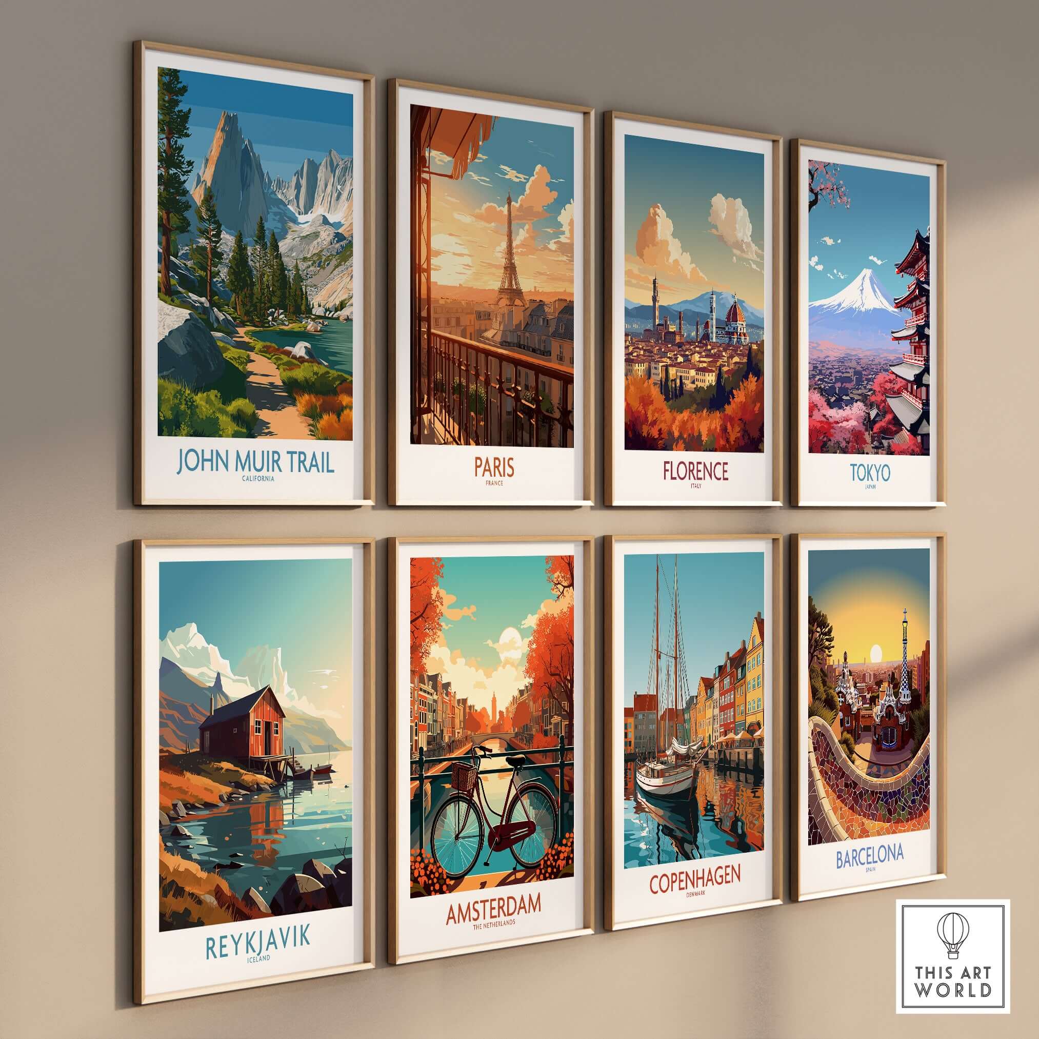 John Muir Trail California Serene Lake Wall Art - Sierra Nevada Travel Print displayed in a gallery wall with various city travel prints.
