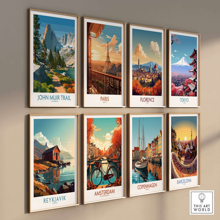 Collection of vibrant travel prints featuring John Muir Trail, Paris, Florence, Tokyo, Amsterdam, Copenhagen, Reykjavik, and Barcelona.