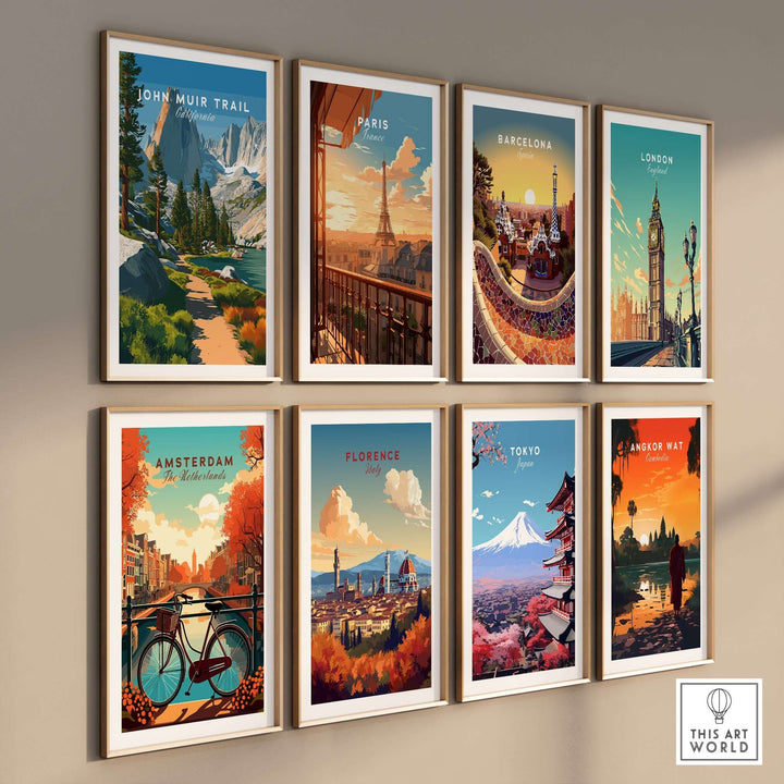 Collection of travel posters including John Muir Trail, Paris, Barcelona, and London, showcasing iconic landscapes.