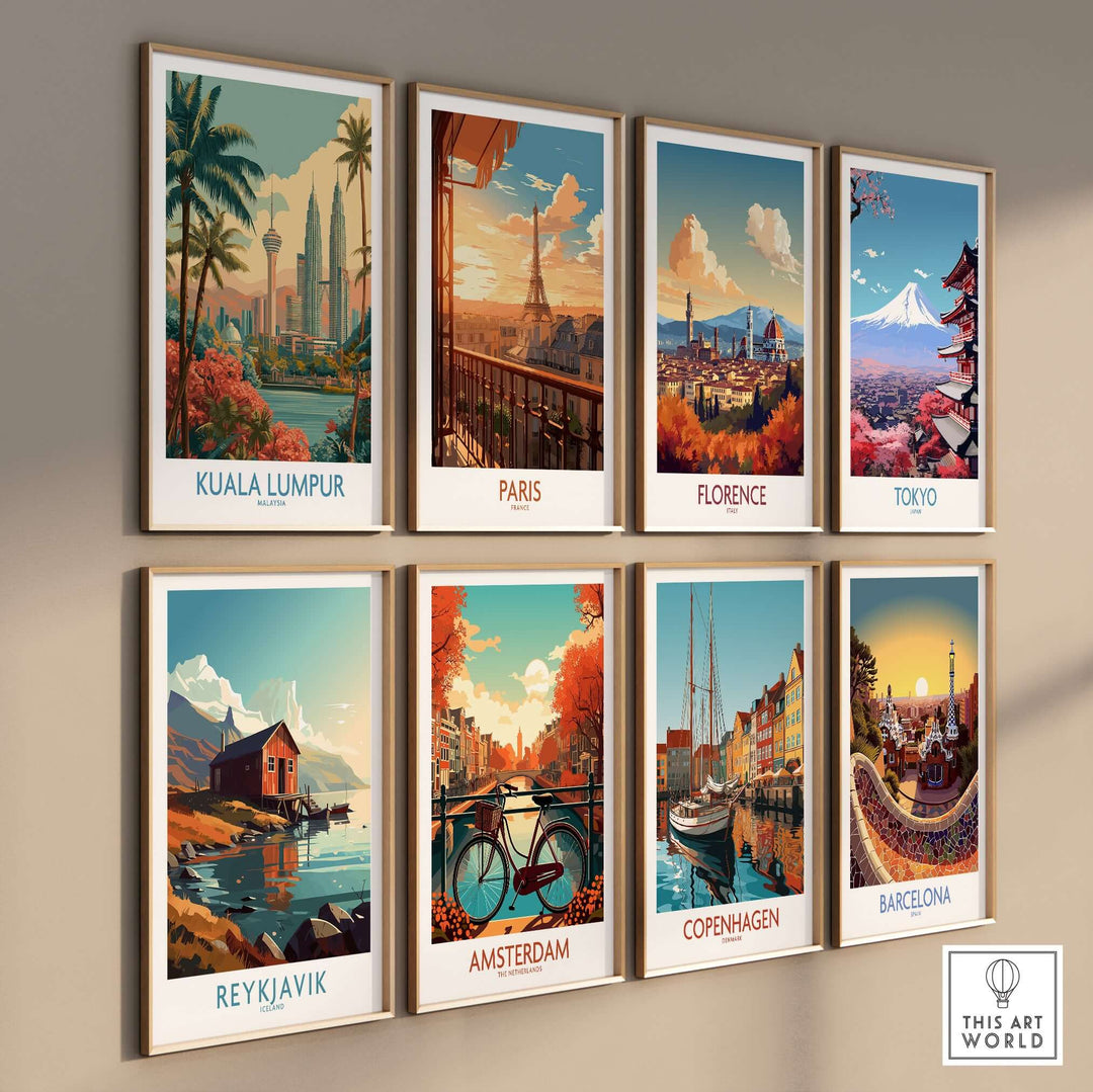 Colorful travel posters featuring Kuala Lumpur, Paris, Florence, Tokyo, Reykjavik, Amsterdam, Copenhagen, and Barcelona.