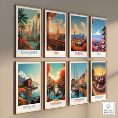 Kuala Lumpur Poster Malaysia Skyline - Malaysian Urban Travel Print on a wall with other city posters.