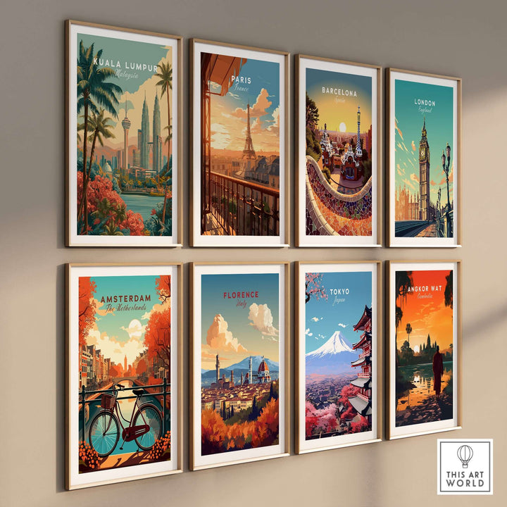 Collection of cityscape wall art prints featuring Kuala Lumpur, Paris, Barcelona, London, Amsterdam, Florence, Tokyo, and Angkor Wat.