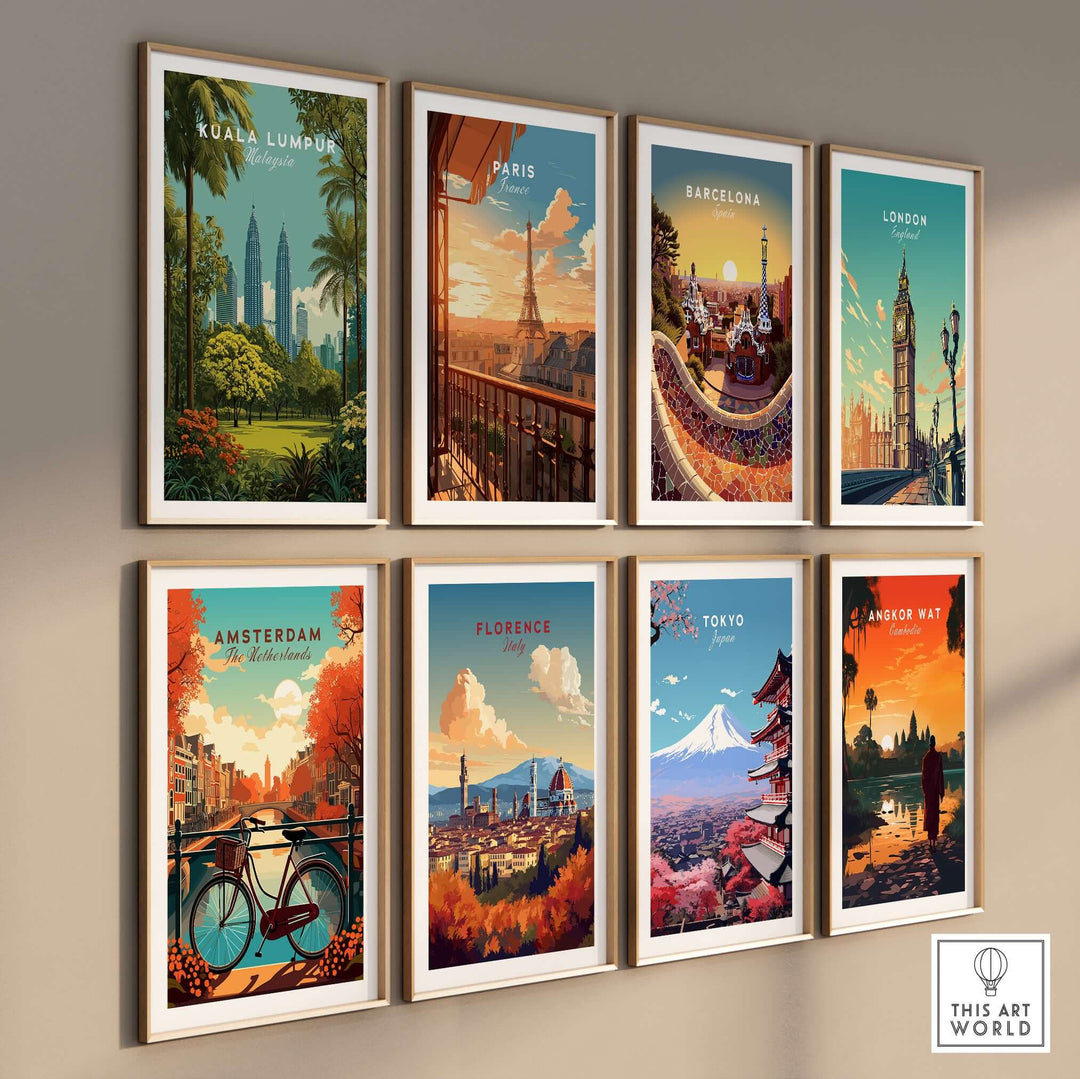 Gallery of city-themed art prints featuring Kuala Lumpur, Paris, Barcelona, London, Amsterdam, Florence, Tokyo, and Angkor Wat.