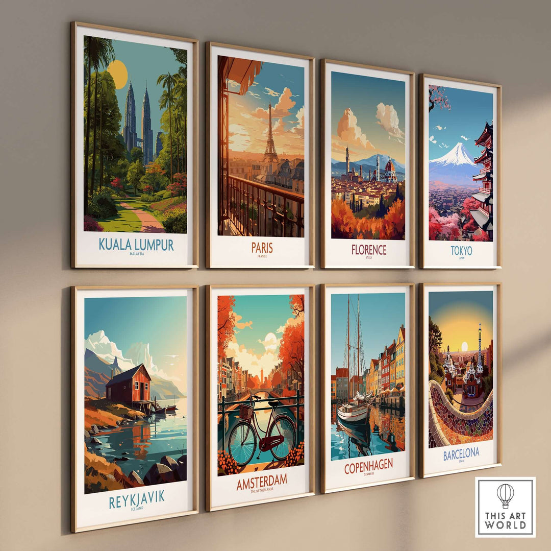 Gallery of vibrant travel posters featuring Kuala Lumpur, Paris, Florence, Tokyo, Reykjavik, Amsterdam, Copenhagen, and Barcelona.
