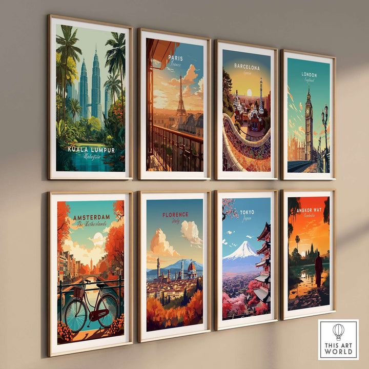 Gallery wall of cityscape posters featuring Kuala Lumpur, Paris, Barcelona, London, Amsterdam, Florence, Tokyo, and Angkor Wat.