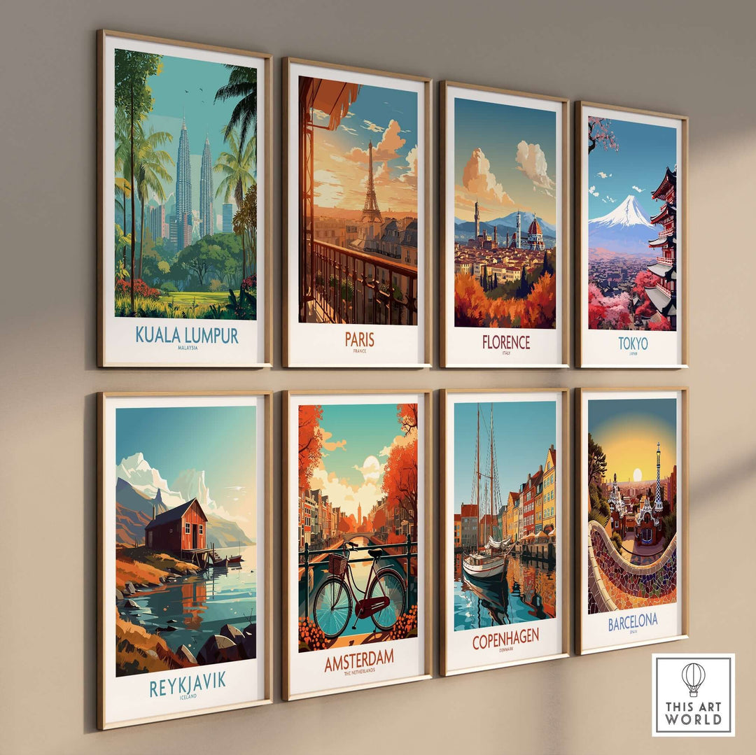 Collection of city skyline art prints including Kuala Lumpur, Paris, and Barcelona, showcasing global urban landscapes.