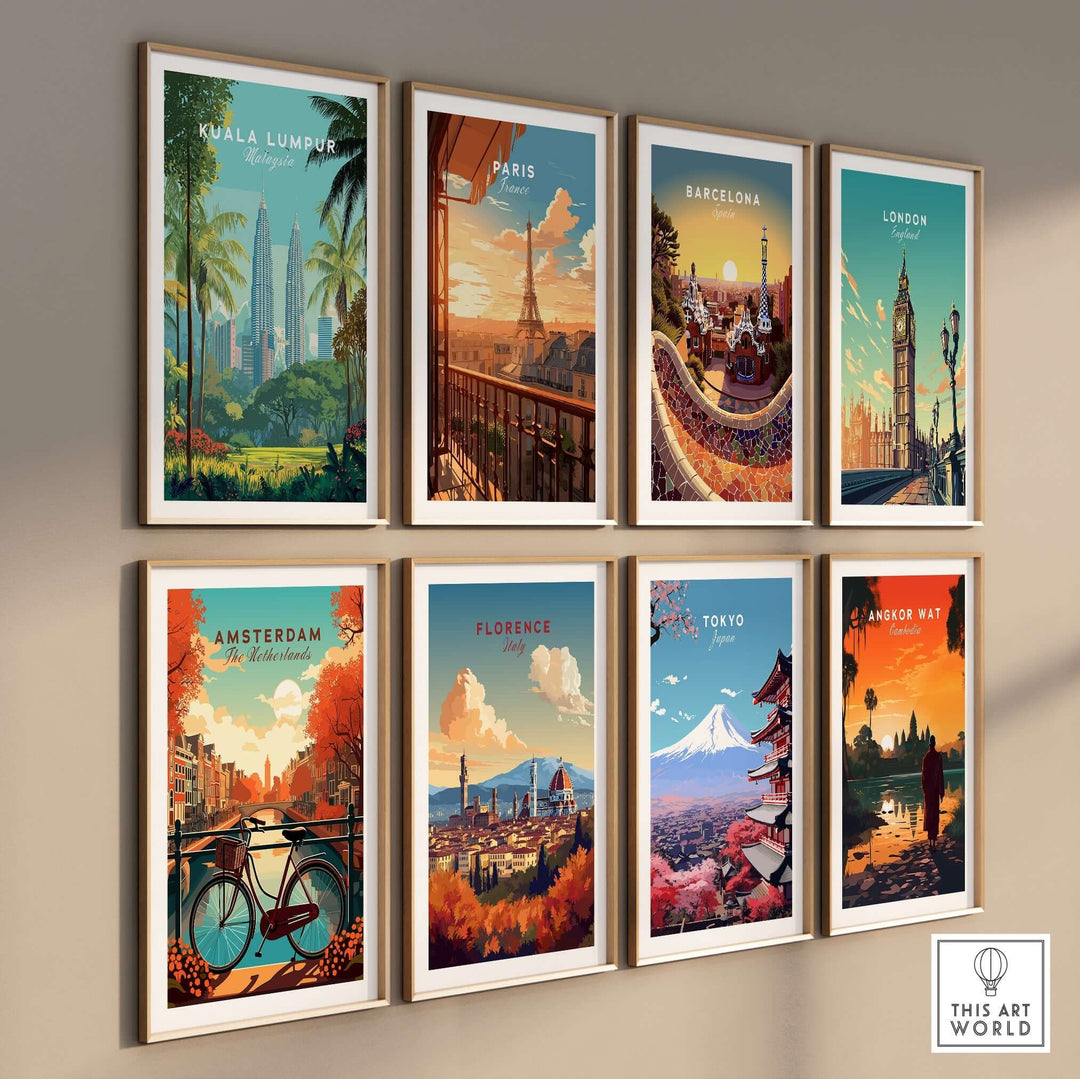 Gallery wall featuring framed city prints of Kuala Lumpur, Paris, Barcelona, London, Amsterdam, Florence, Tokyo, and Angkor Wat.