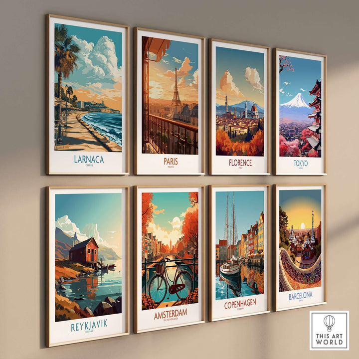 Gallery of travel posters featuring Larnaca, Paris, Florence, Tokyo, Reykjavik, Amsterdam, Copenhagen, and Barcelona.