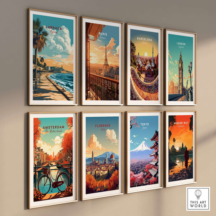 Collage of coastal and city prints including Larnaca, Paris, Barcelona, and Tokyo featuring vibrant colors and landscapes.