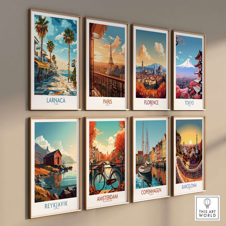 Gallery of vibrant travel posters featuring Larnaca, Paris, Florence, Tokyo, Reykjavik, Amsterdam, Copenhagen, and Barcelona.