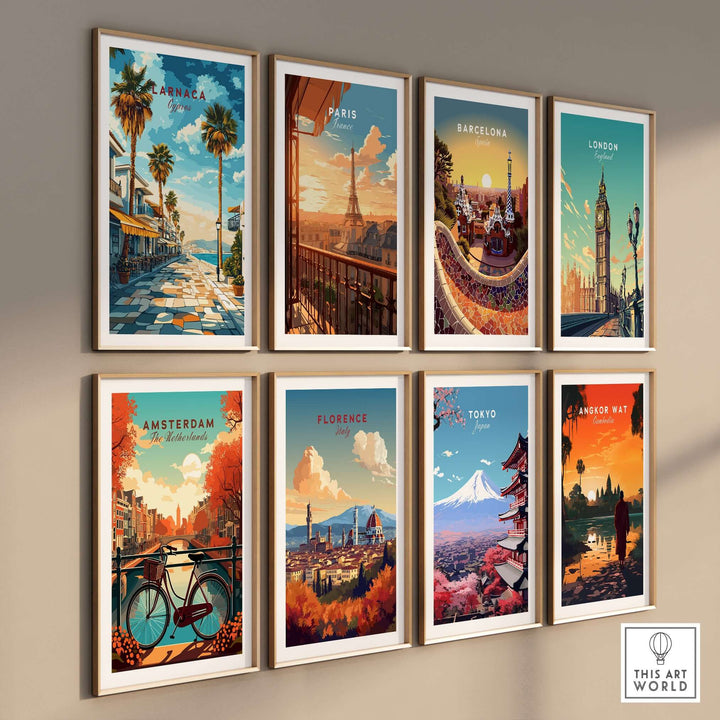 Colorful travel posters of iconic cities including Larnaca, Paris, Barcelona, and more, displayed in stylish frames.