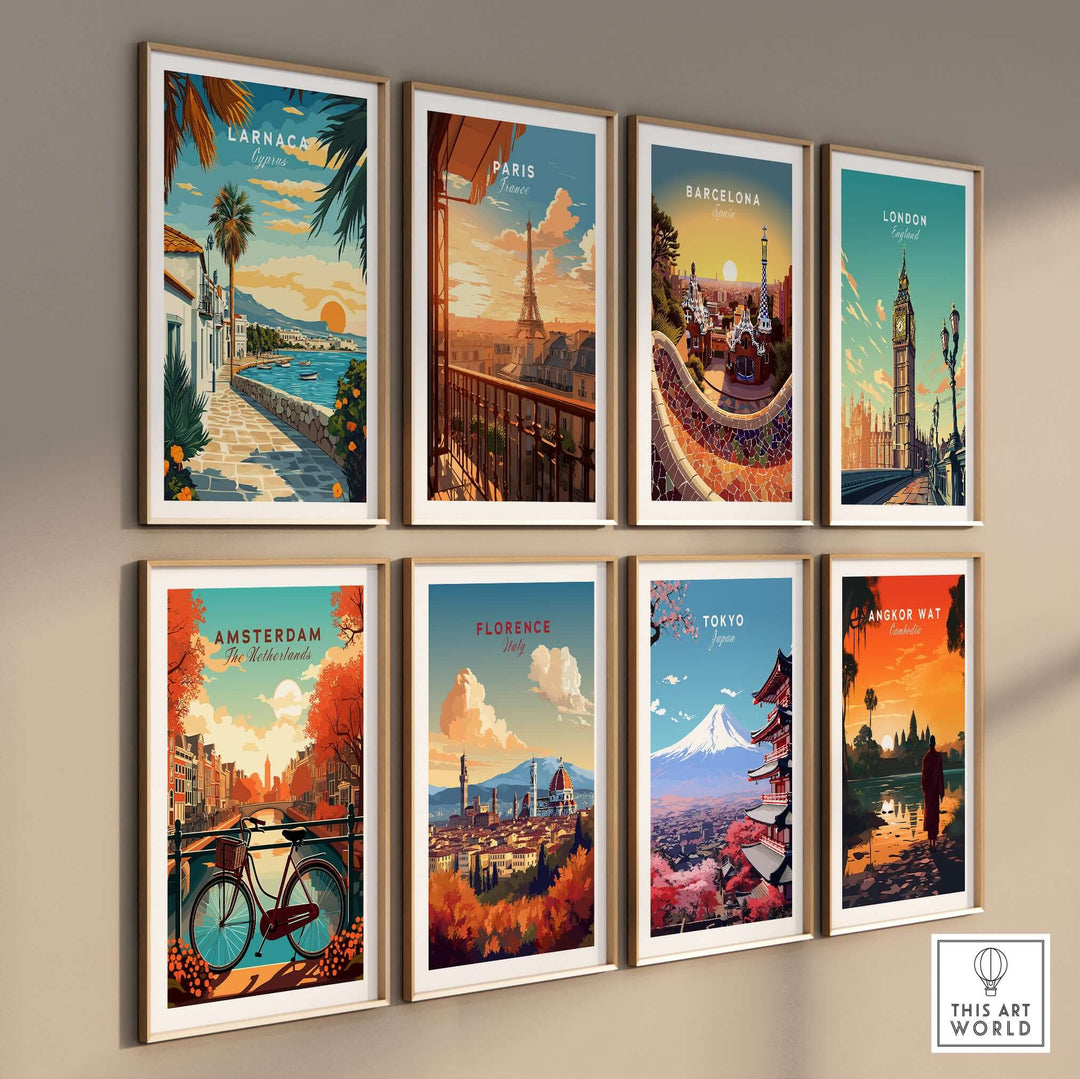 Gallery wall of travel posters featuring Larnaca, Paris, Barcelona, London, Amsterdam, Florence, Tokyo, and Angkor Wat.