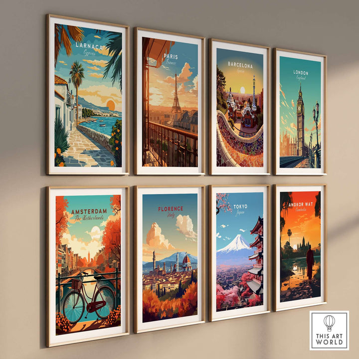 Gallery wall of travel posters featuring Larnaca, Paris, Barcelona, London, Amsterdam, Florence, Tokyo, and Angkor Wat.