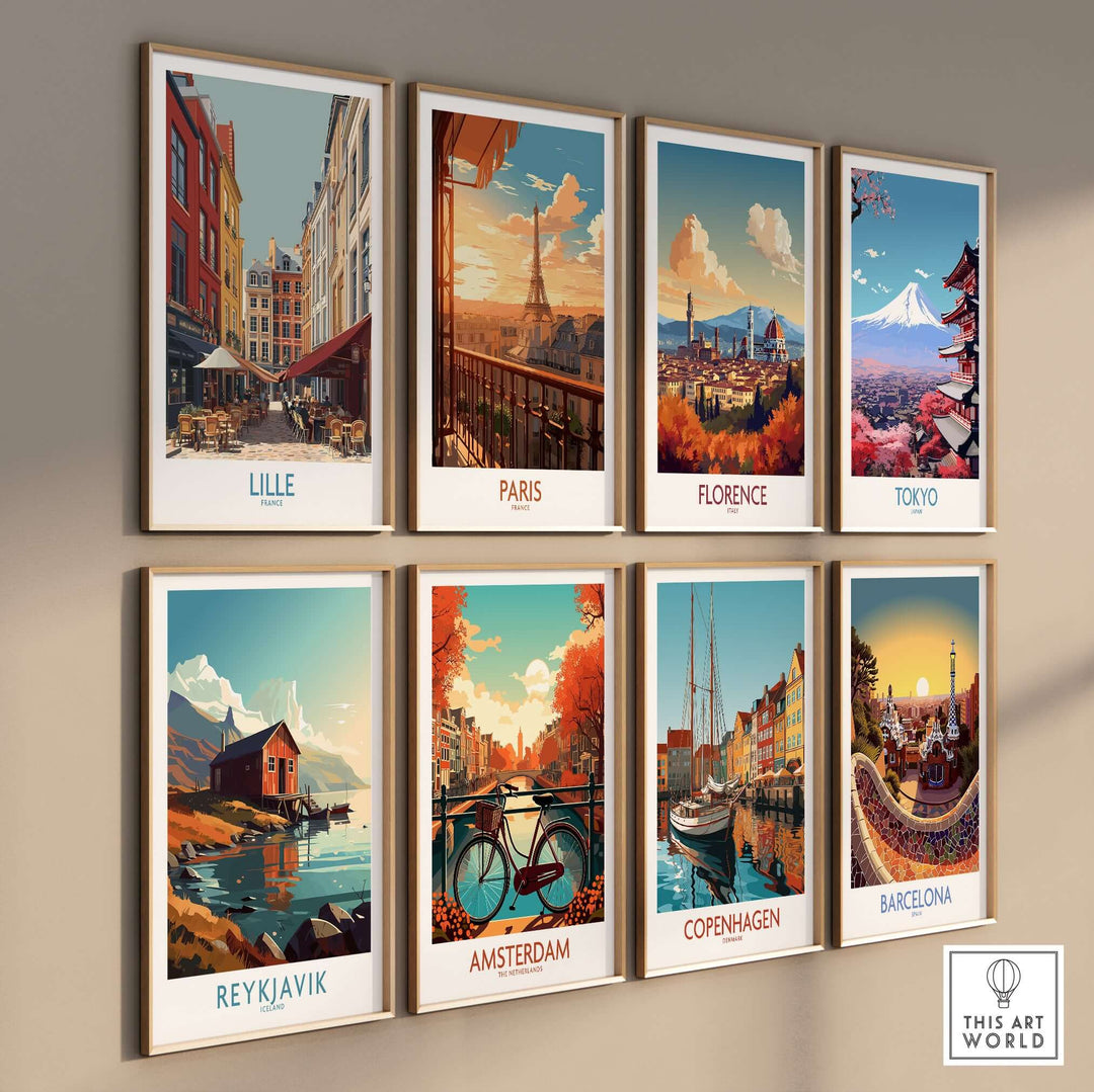 Collection of travel posters featuring Lille, Paris, Florence, Tokyo, Reykjavik, Amsterdam, Copenhagen, and Barcelona.