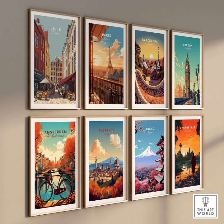 Gallery of framed city prints featuring Lille, Paris, Barcelona, London, Amsterdam, Florence, Tokyo, and Angkor Wat.