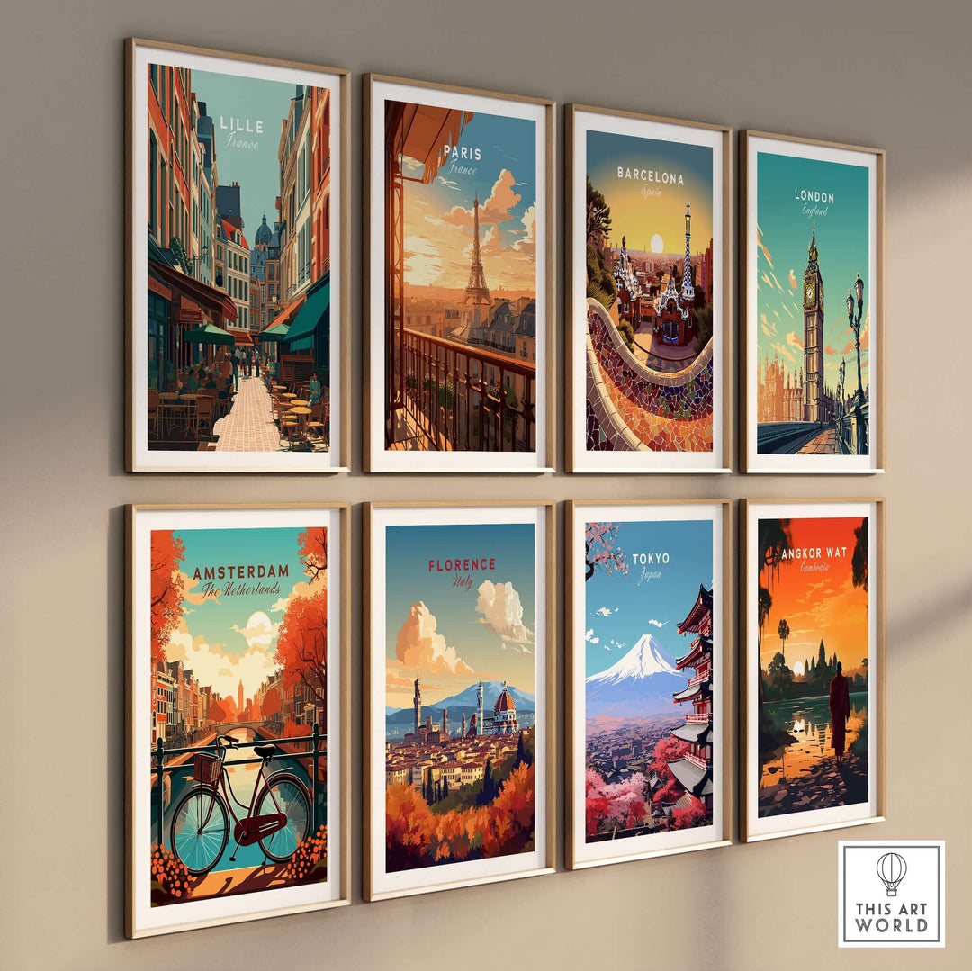 Collection of city posters featuring Lille, Paris, Barcelona, London, Amsterdam, Florence, Tokyo, and Angkor Wat.
