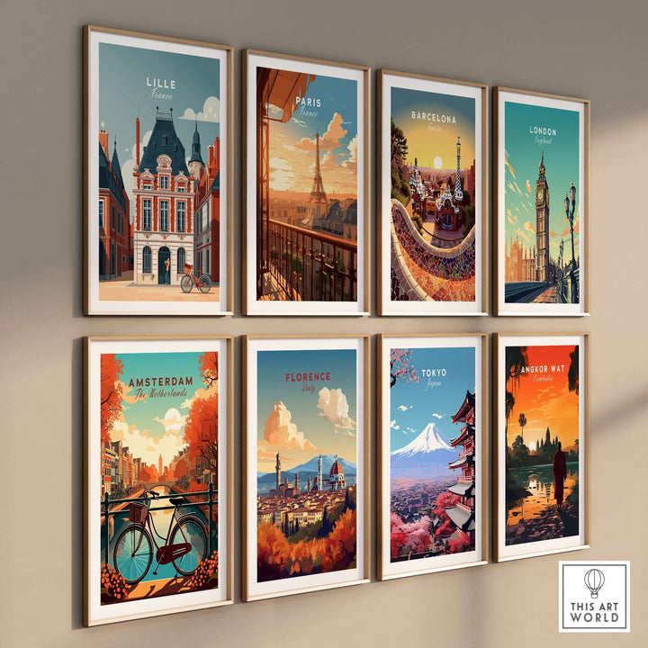 A collection of city prints featuring Lille, Paris, Barcelona, London, Amsterdam, Florence, Tokyo, and Angkor Wat on a wall.