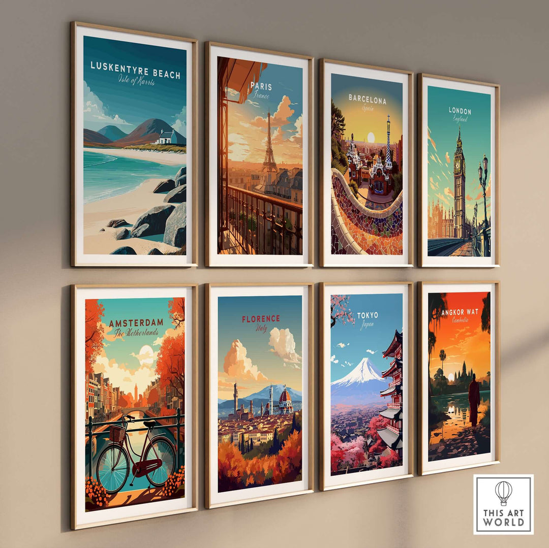 Gallery of travel posters including Luskentyre Beach and famous cities like Paris and Tokyo.