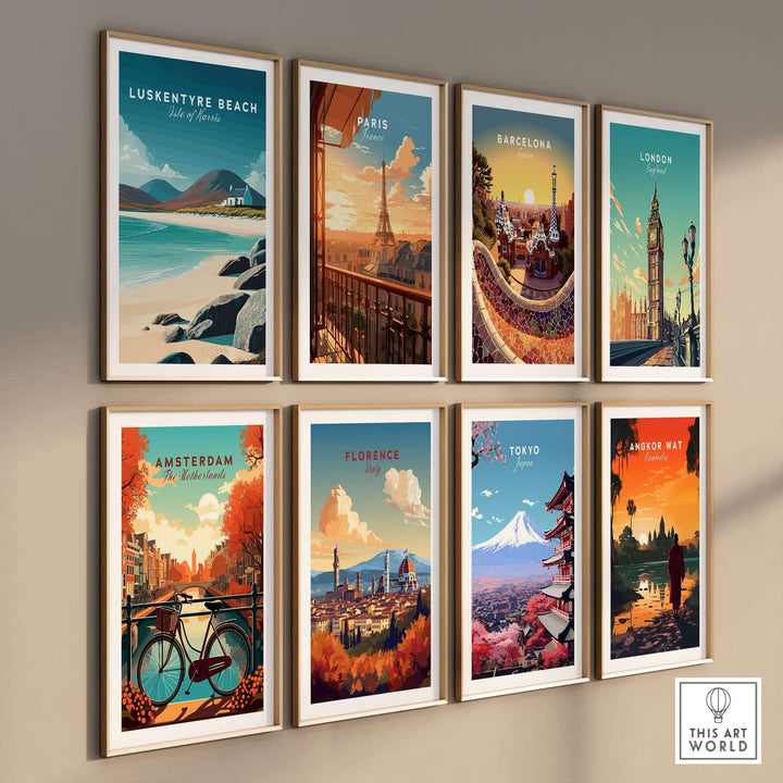 Gallery of travel posters including Luskentyre Beach and famous cities like Paris and Tokyo.