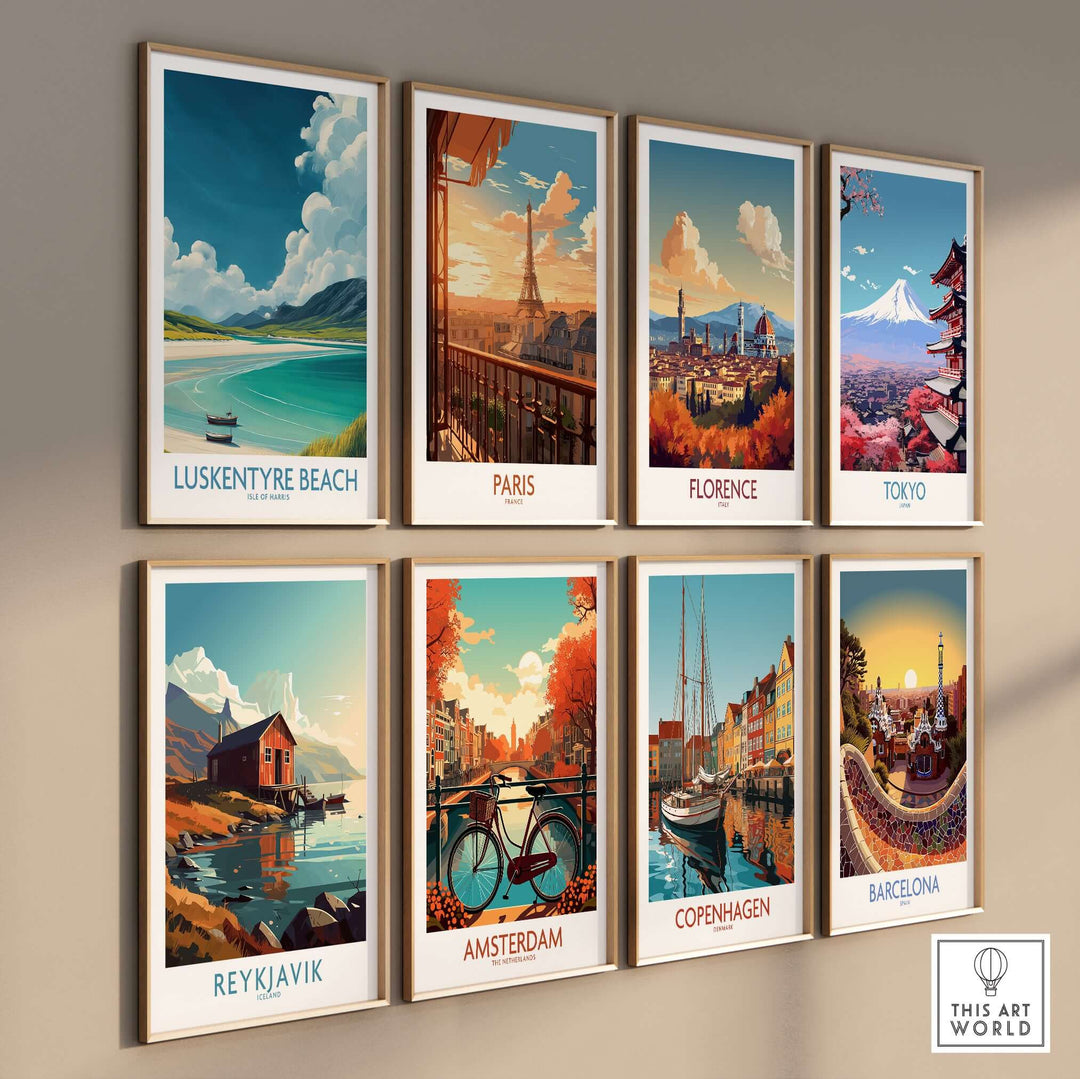 Luskentyre Beach and city travel prints on wall, showcasing scenic destinations like Paris, Florence, and Tokyo.