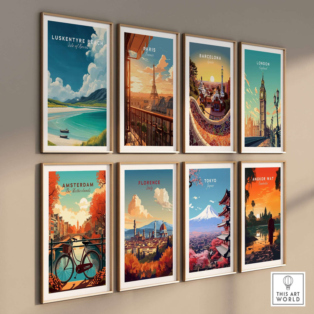 Wall of framed travel posters including Luskentyre Beach, Paris, Barcelona, London, and more vibrant landscapes.