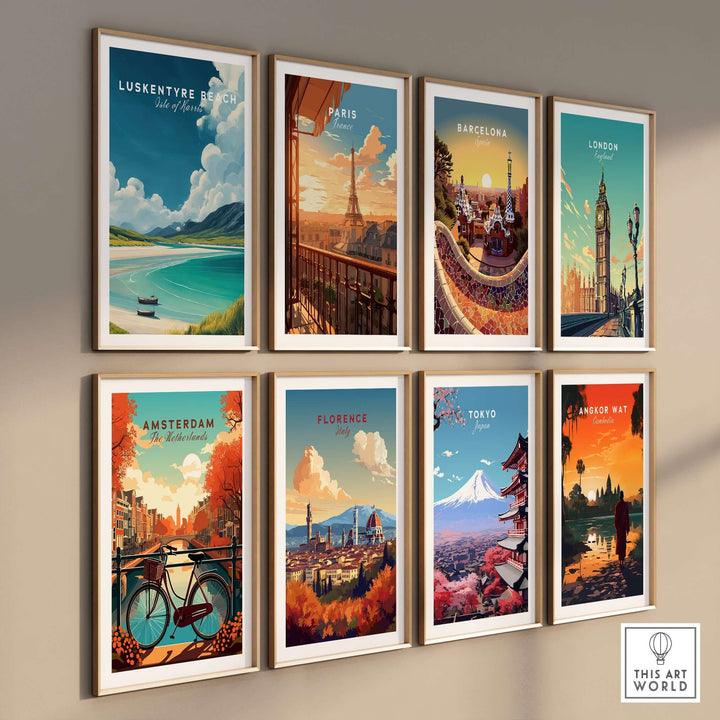 Wall of framed travel posters including Luskentyre Beach, Paris, Barcelona, London, and more vibrant landscapes.