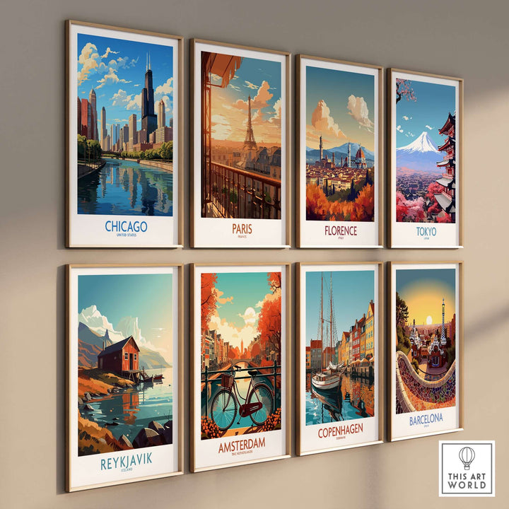 Collection of vibrant city skyline art prints featuring Chicago, Paris, Florence, Tokyo, Reykjavik, Amsterdam, Copenhagen, and Barcelona.