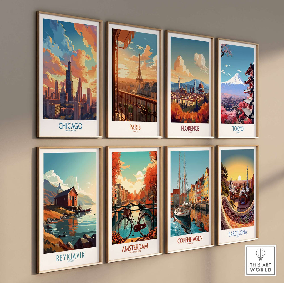 Colorful travel posters of iconic cities including Chicago, Paris, and Tokyo, displayed in stylish frames on a wall.