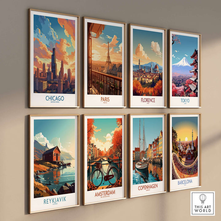 Colorful travel posters of iconic cities including Chicago, Paris, and Tokyo, displayed in stylish frames on a wall.
