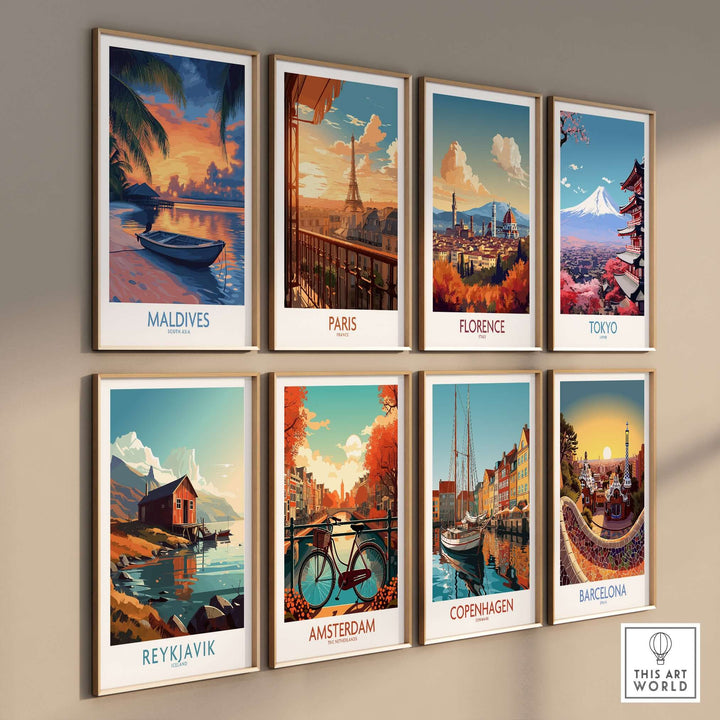 Maldives Wall Art Print - Sunset displayed among other vibrant city prints on a stylish wall.