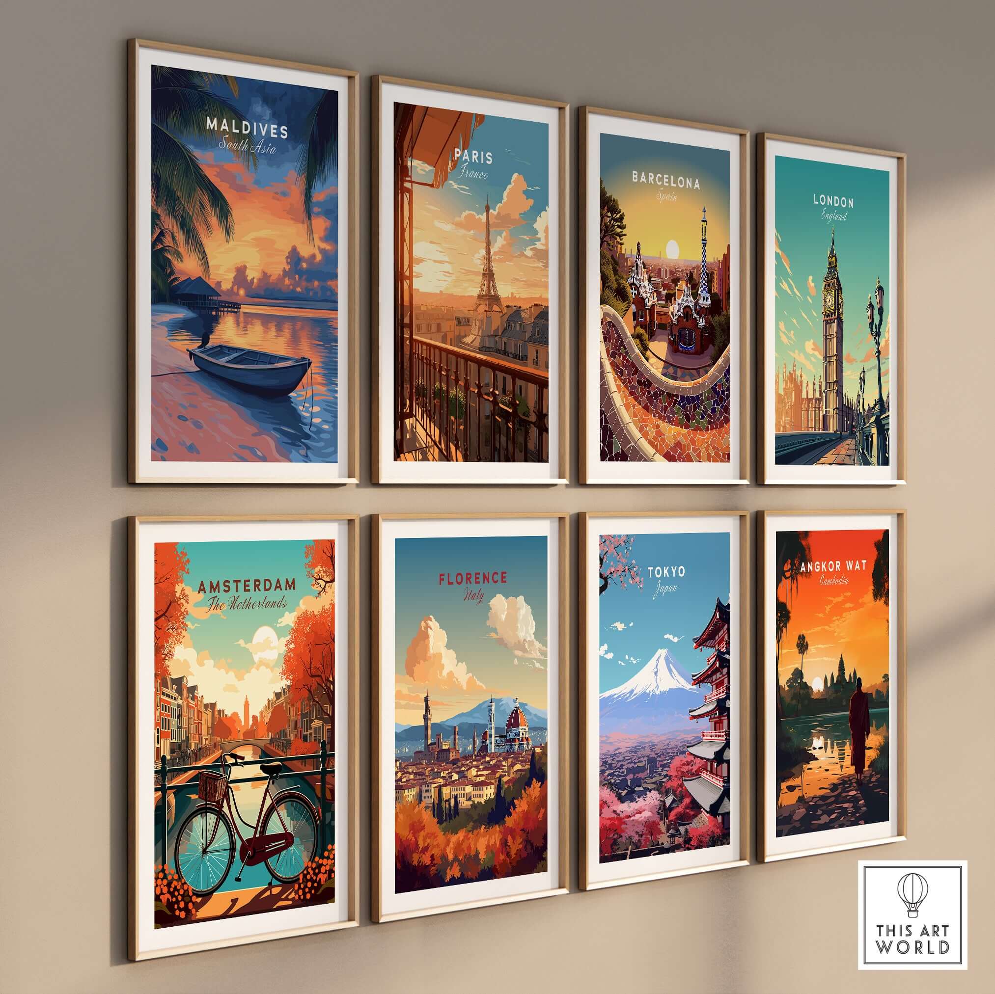 Maldives Travel Print - Sunset among various travel prints on a wall showcasing global destinations.