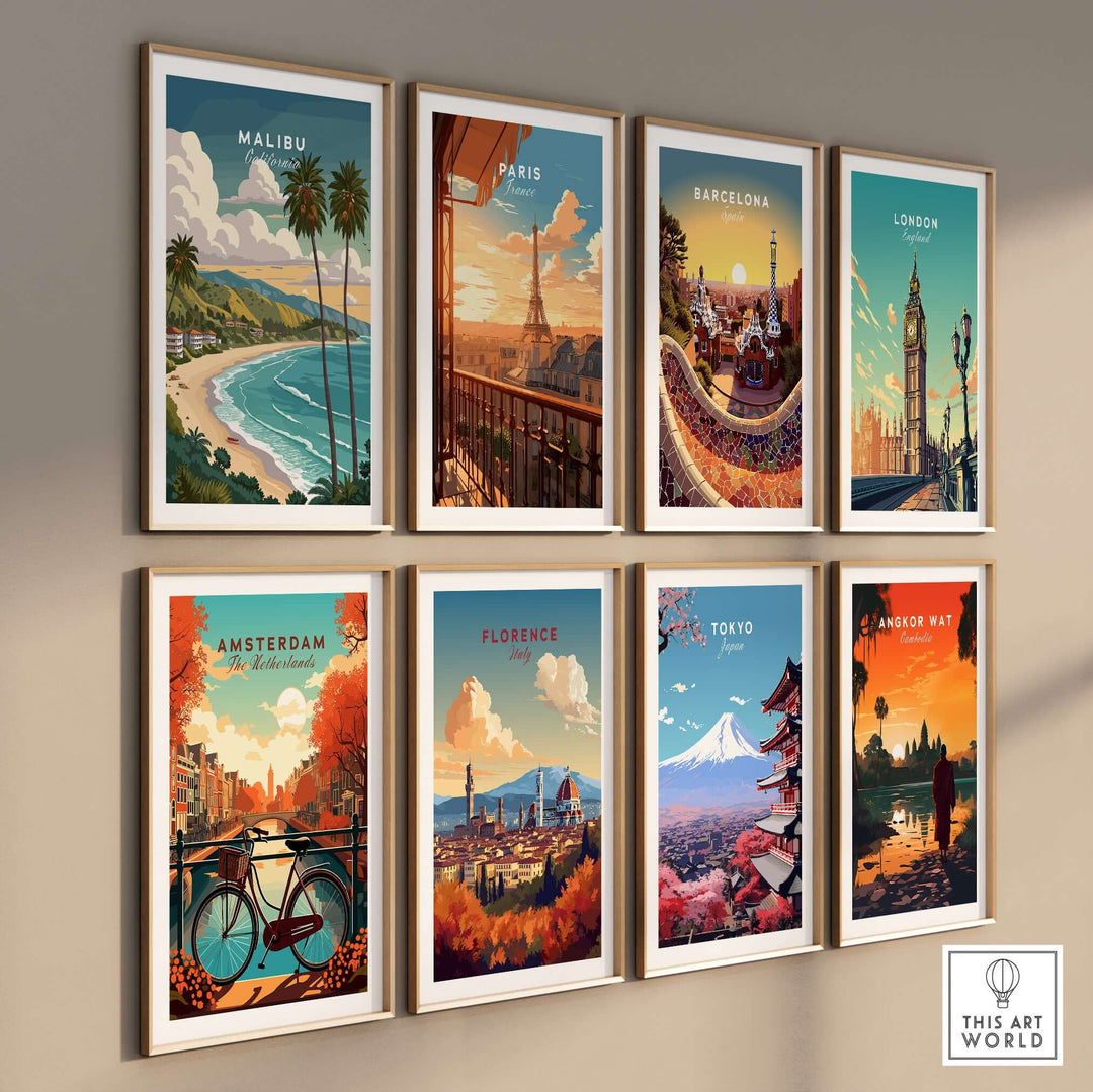 Gallery of vibrant city prints including Malibu, Paris, Barcelona, and more, showcasing iconic landmarks and landscapes.
