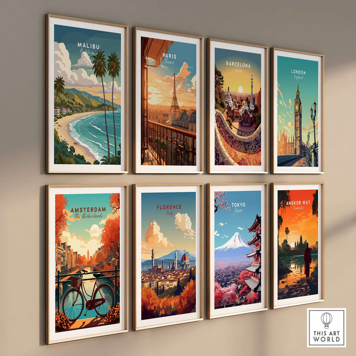 Gallery of vibrant city prints including Malibu, Paris, Barcelona, and more, showcasing iconic landmarks and landscapes.