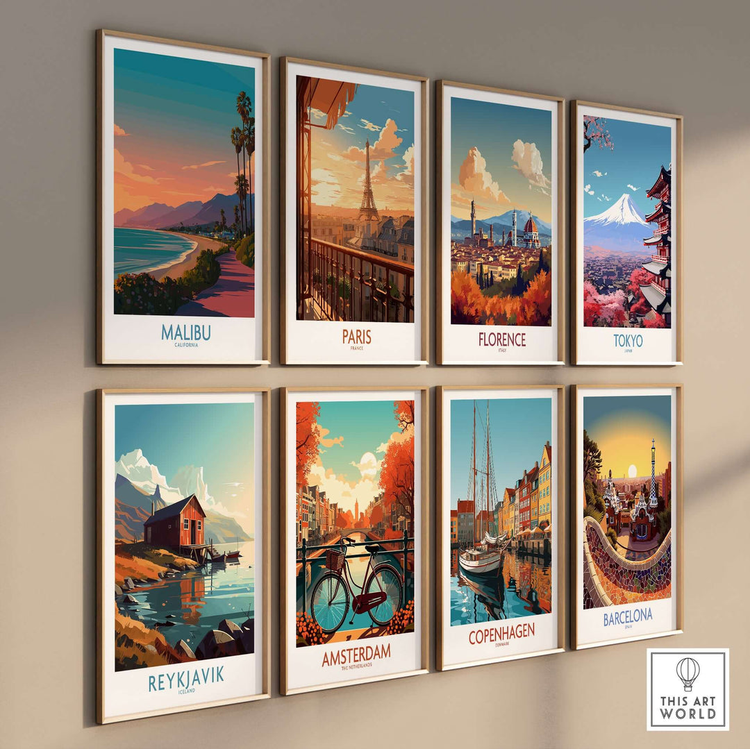 Gallery wall featuring vibrant city posters: Malibu, Paris, Florence, Tokyo, Reykjavik, Amsterdam, Copenhagen, Barcelona.
