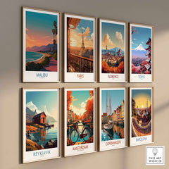 Malibu Poster California - California Beach Sunset Print collection displayed on a wall featuring iconic locations.