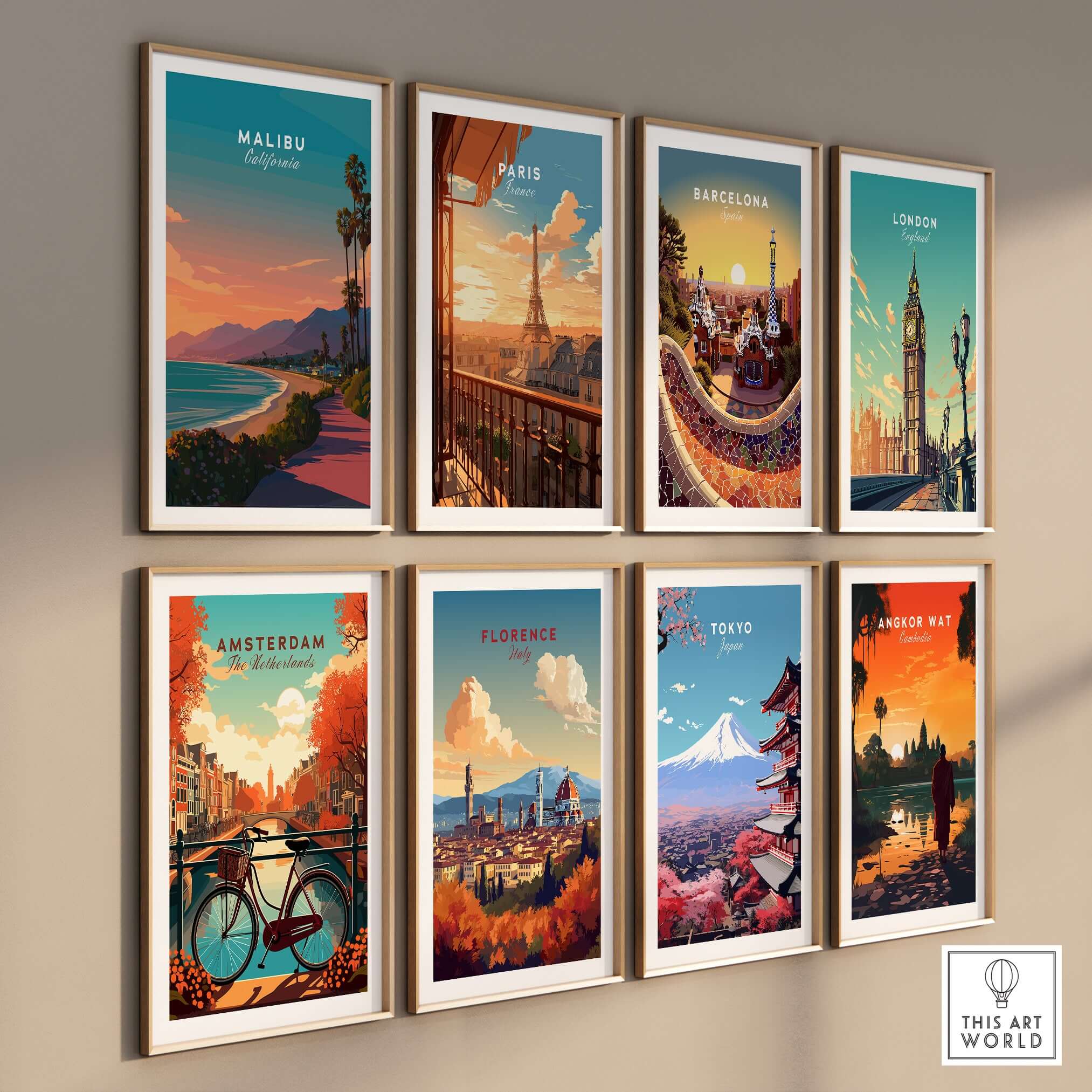 Malibu California Beach Sunset Print - Pacific Coast Highway Wall Art displayed among various cityscape prints.