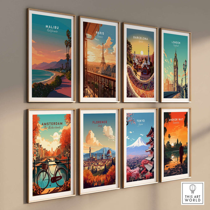 Gallery wall art featuring iconic city prints including Malibu, Paris, Barcelona, London, Amsterdam, Florence, and Tokyo.