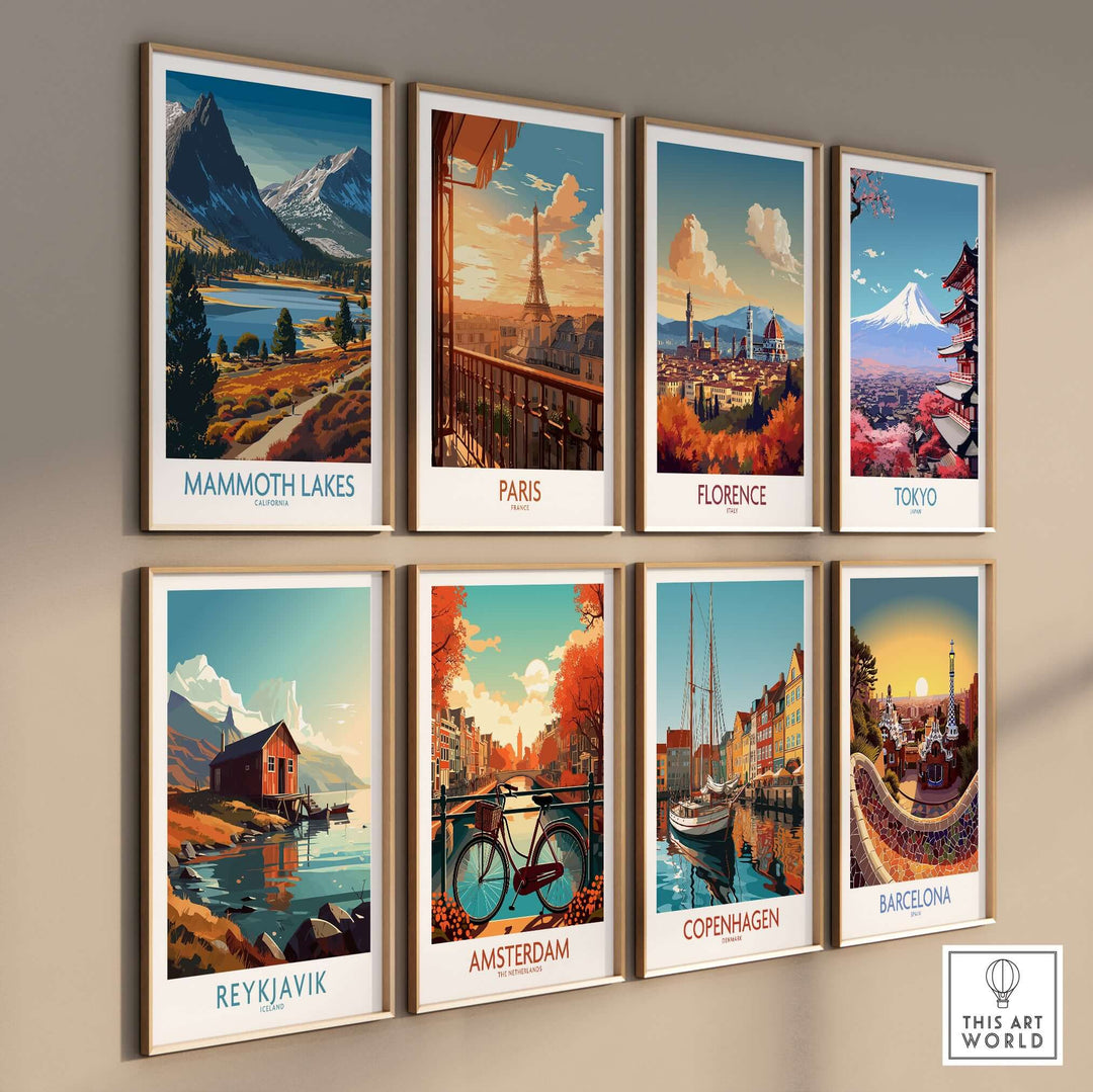 Colorful travel wall art featuring Mammoth Lakes, Paris, Florence, Tokyo, Reykjavik, Amsterdam, Copenhagen, and Barcelona.