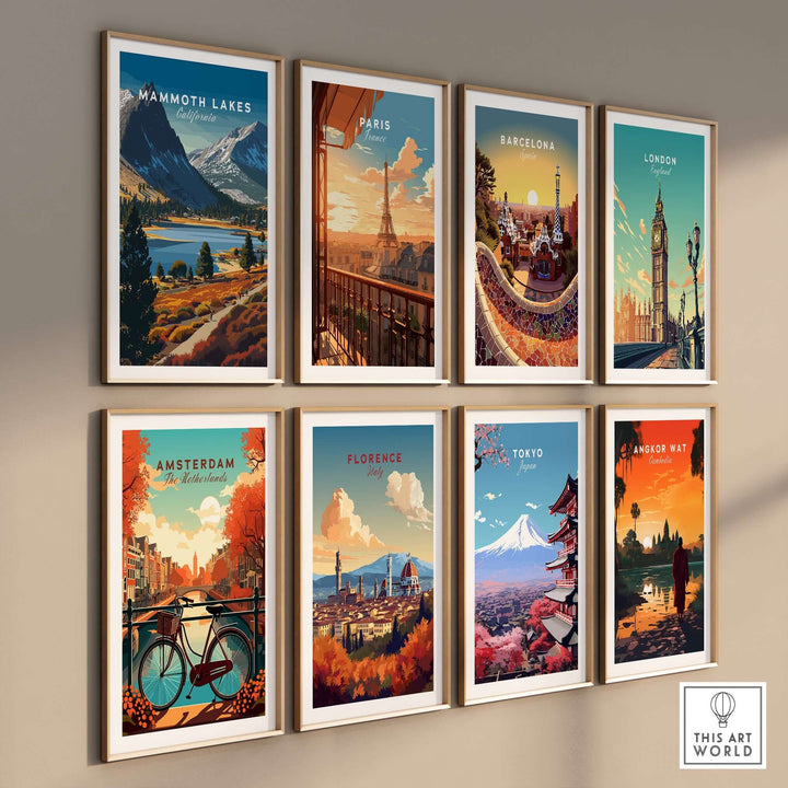 Colorful travel poster collage featuring Mammoth Lakes, Paris, Barcelona, London, Amsterdam, Florence, Tokyo, and Angkor Wat.